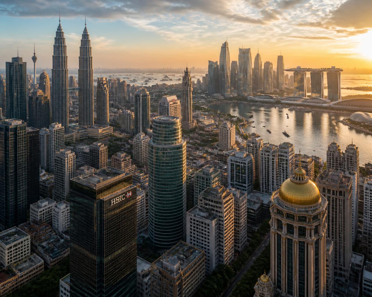 Modern Southeast Asian and Asia Pacific business cityscape at golden hour