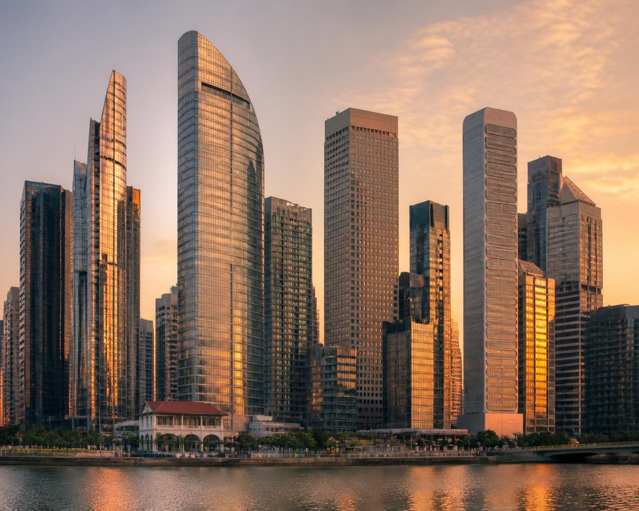Modern Asian business cityscape at golden hour